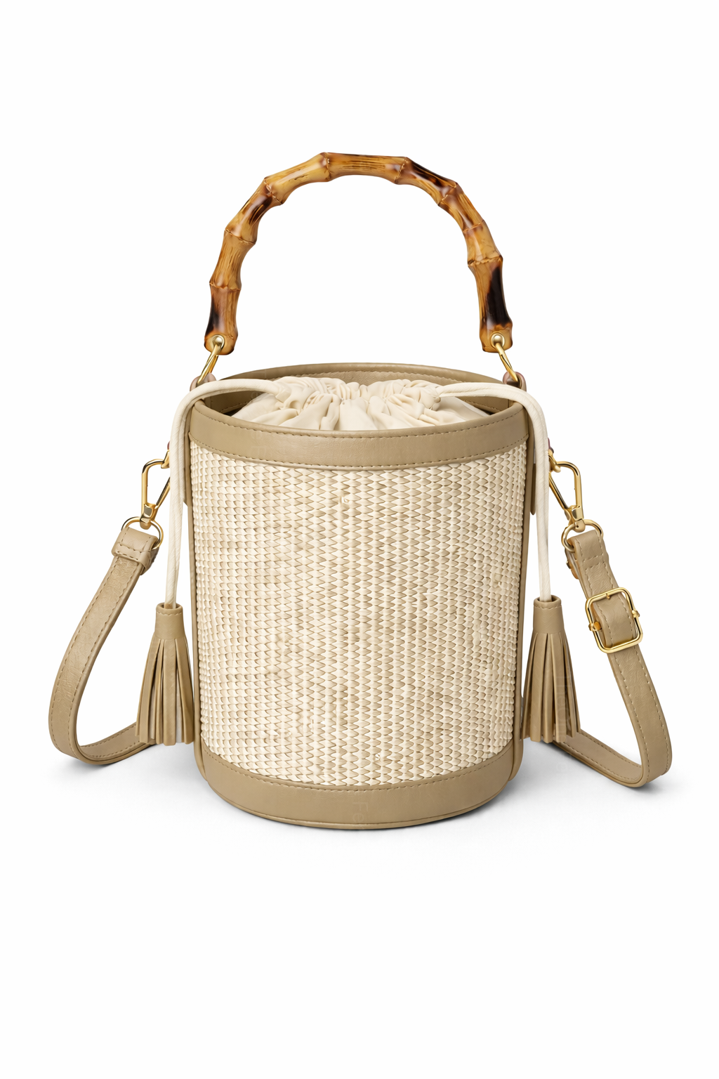 Borsa Secchiello Donna in Paglia con Manico Bamboo – Mini Borsa Estiva 18cm con Tracolla Taupe 15X15X18cm