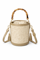 Borsa Secchiello Donna in Paglia con Manico Bamboo – Mini Borsa Estiva 18cm con Tracolla Taupe 15X15X18cm