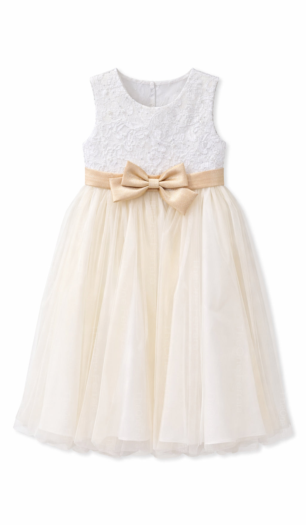 Abito Bambina Elegante Bianco con Fiocco Oro – Vestito Cerimonia 4-14 Anni 3824