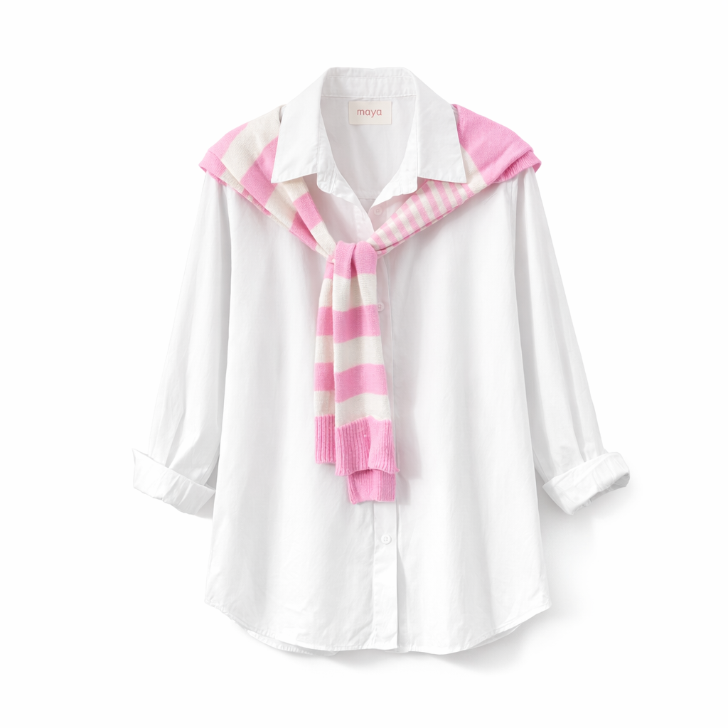 Completo Donna 2 Pezzi – Camicia Bianca Oversize + Gilet Maglia a Righe | Taglia Unica | Look Casual Chic Primavera Estate Rosa taglia unica 45-60kg
