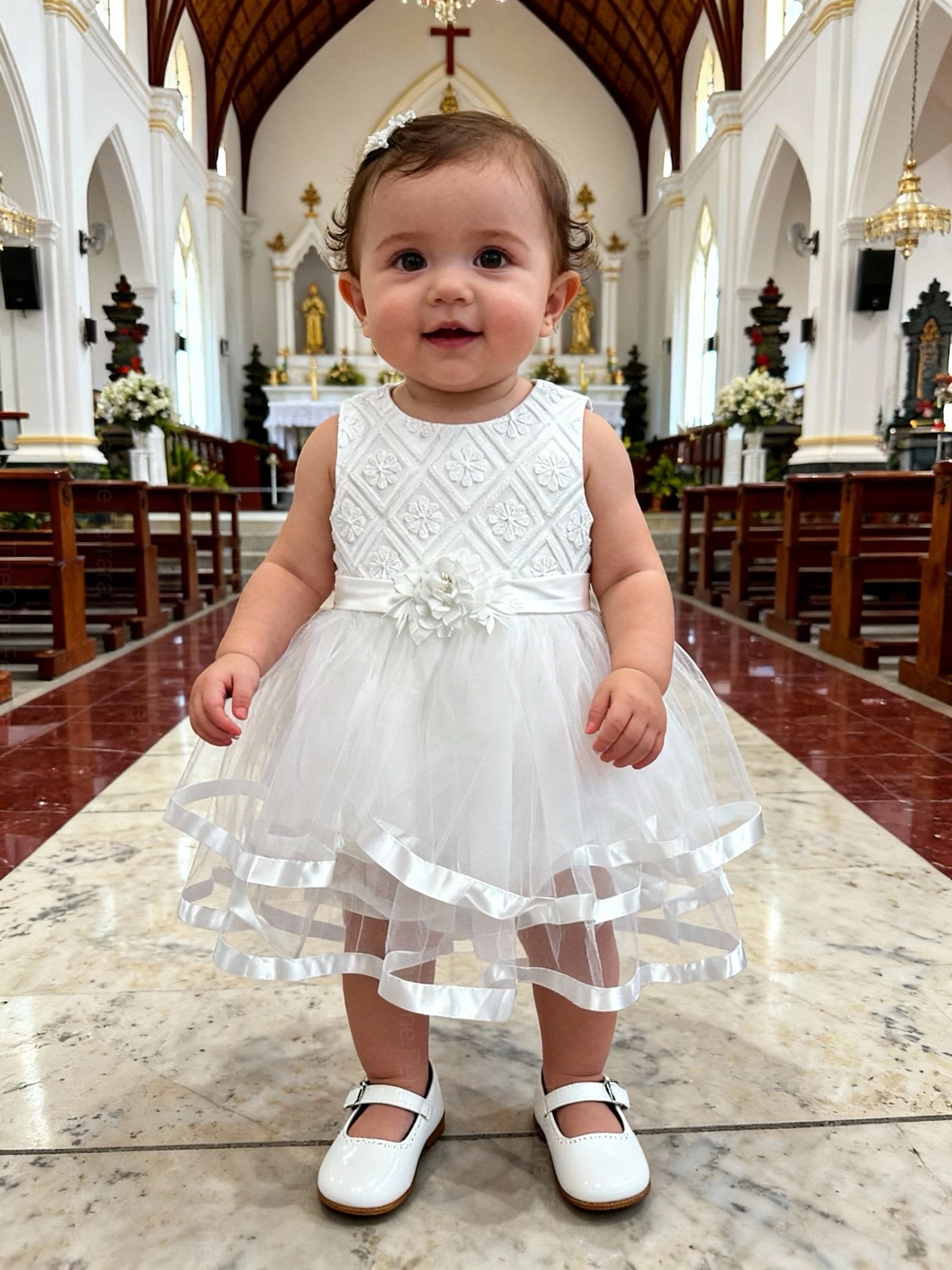 Abito da Battesimo Neonata Bianco 6–36 Mesi – Tulle a Strati con Bordo Satinato e Fiocco | Cerimonia Chiesa 21038