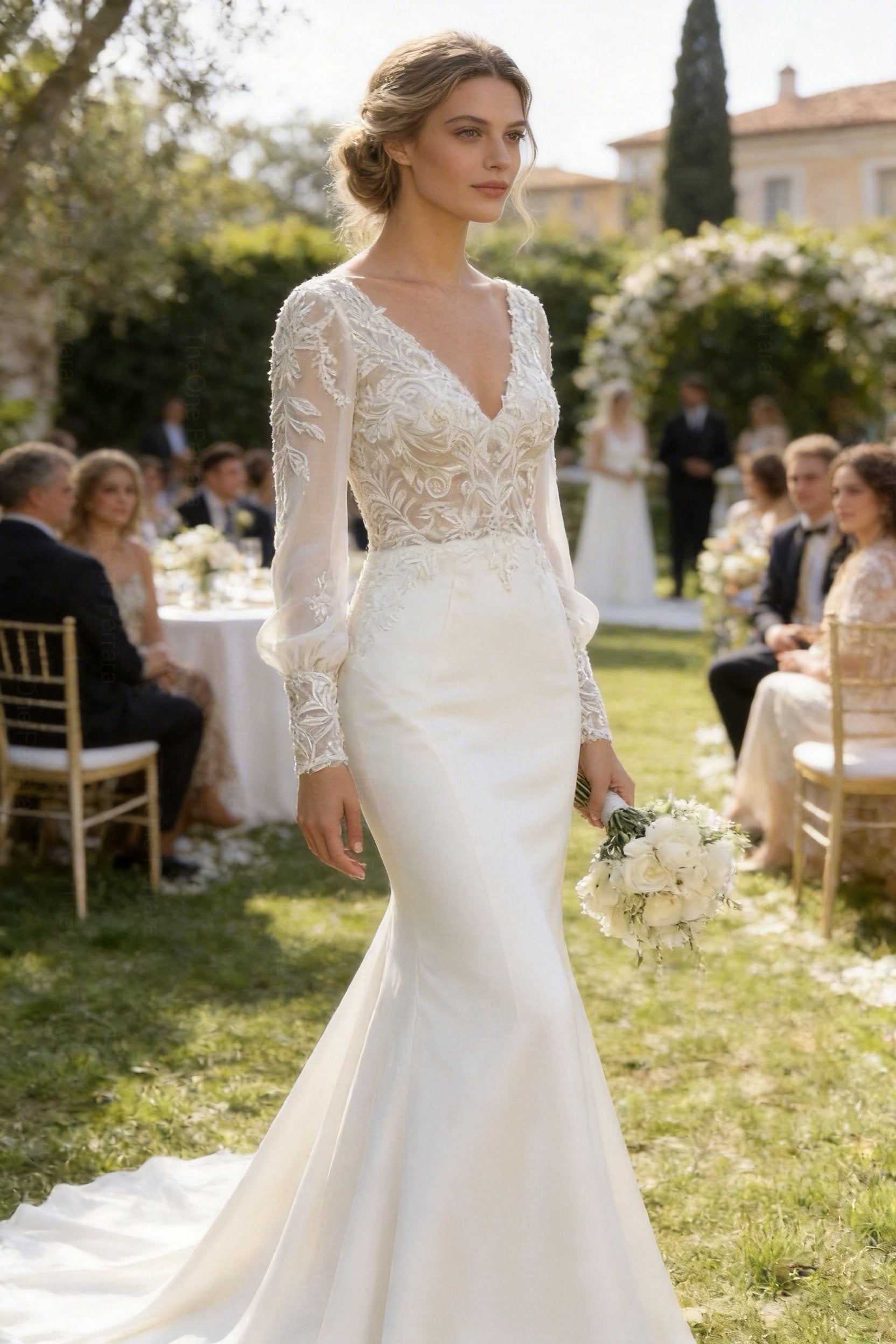 Abito da Sposa Sirena con Maniche Lunghe in Pizzo Ricamato – Scollo Profondo a V, Schiena Scoperta con Bottoni, Stile Boho Elegante 817053 Bianco