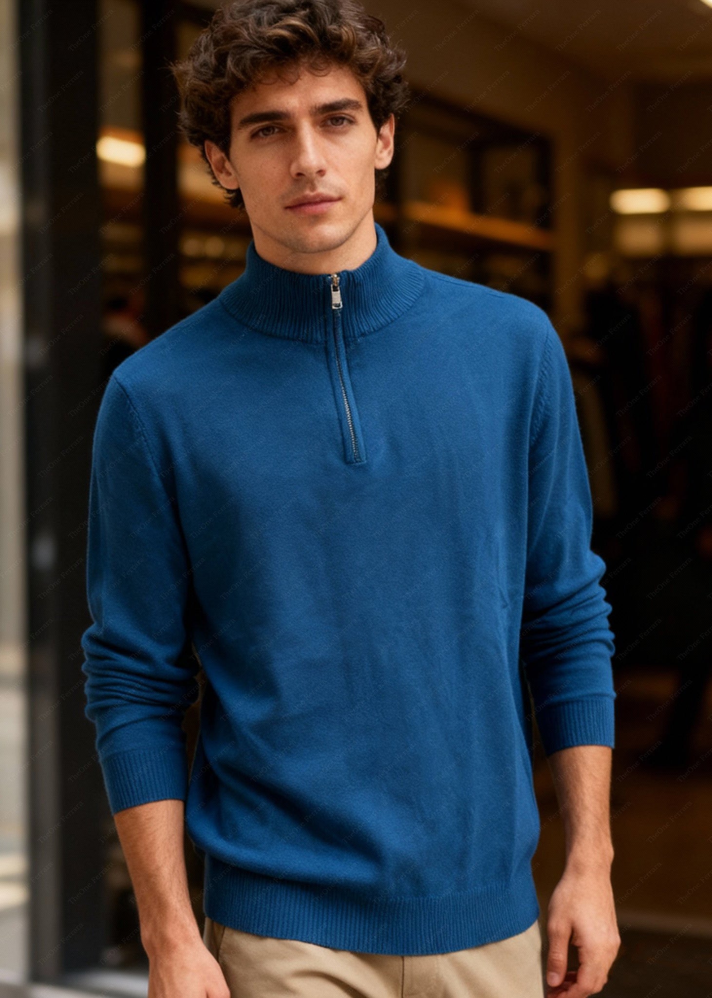 Maglione Uomo Mezza Zip - Pullover Viscosa Modal Collo Alto c t-007 Petrolio