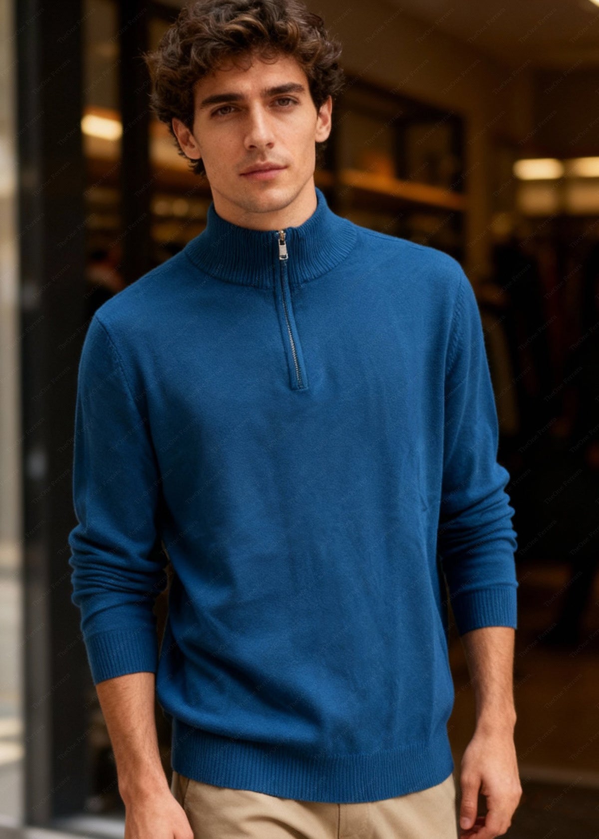 Maglione Uomo Mezza Zip - Pullover Viscosa Modal Collo Alto c t-007 Petrolio