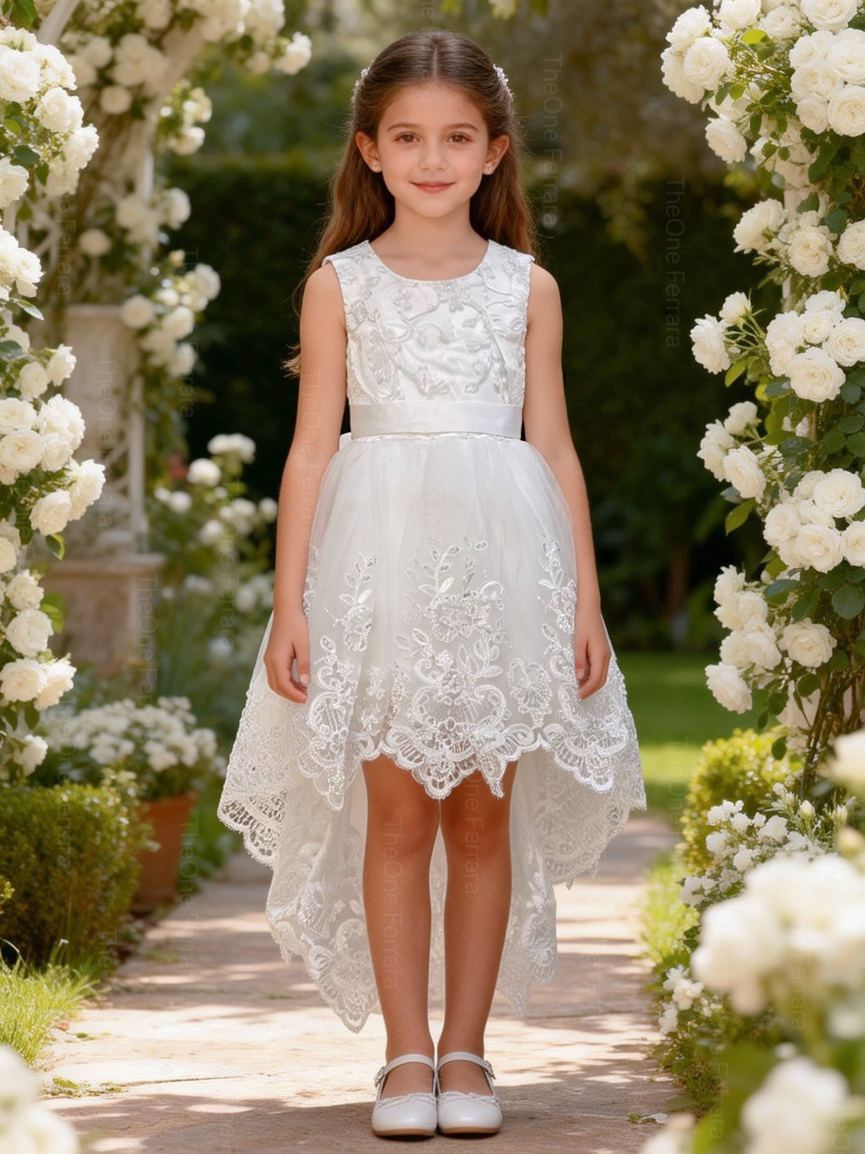 Abito da Cerimonia Bambina Bianco per Battesimo, Comunione e Matrimonio – Pizzo & Tulle, Fiocco, Orlo Asimmetrico (2-16Anni) 9691-TheOne Ferrara