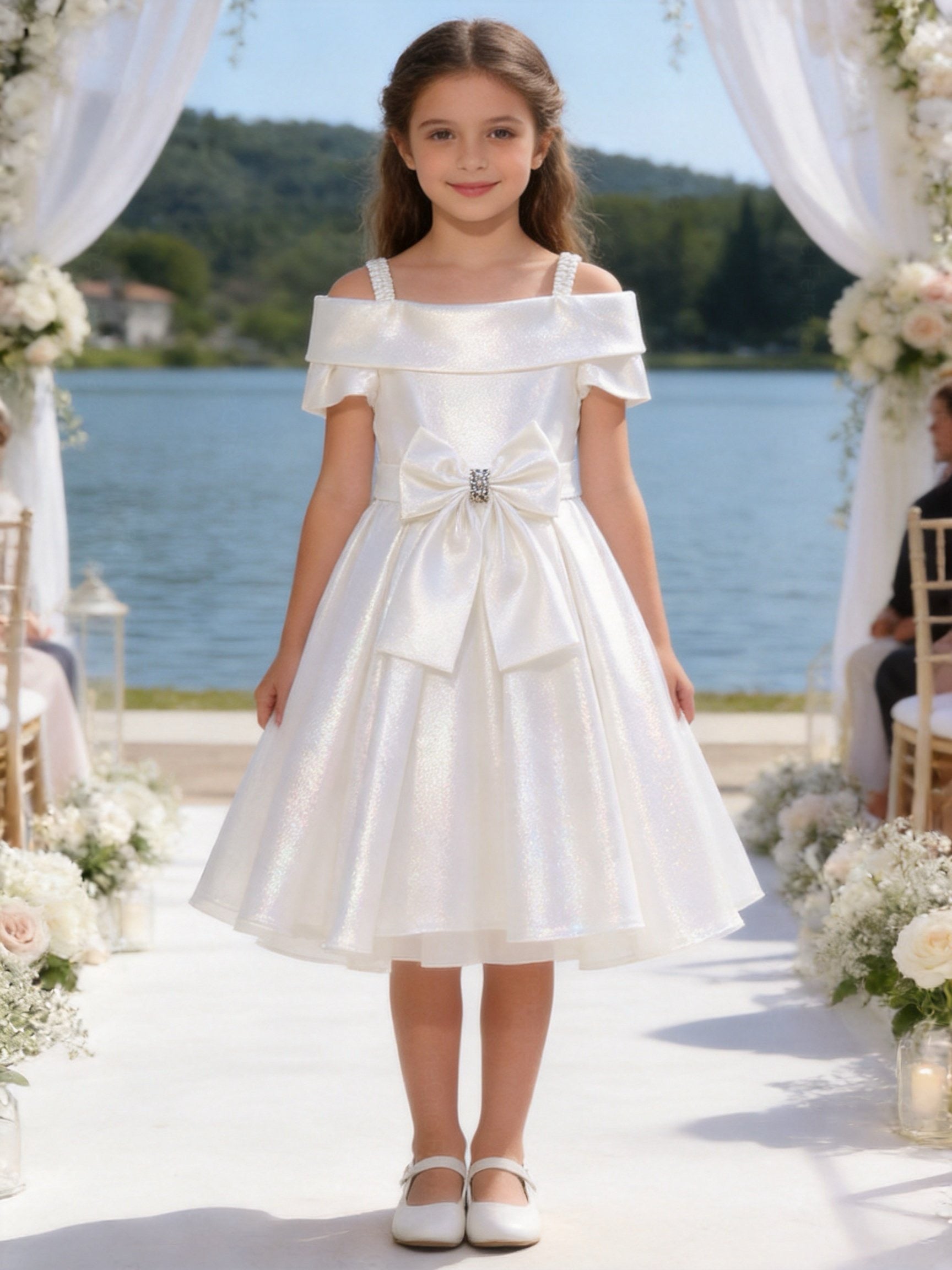 Vestito Bambina Cerimonia Elegante in Taffetà con Fiocco Grande 2-14 Anni