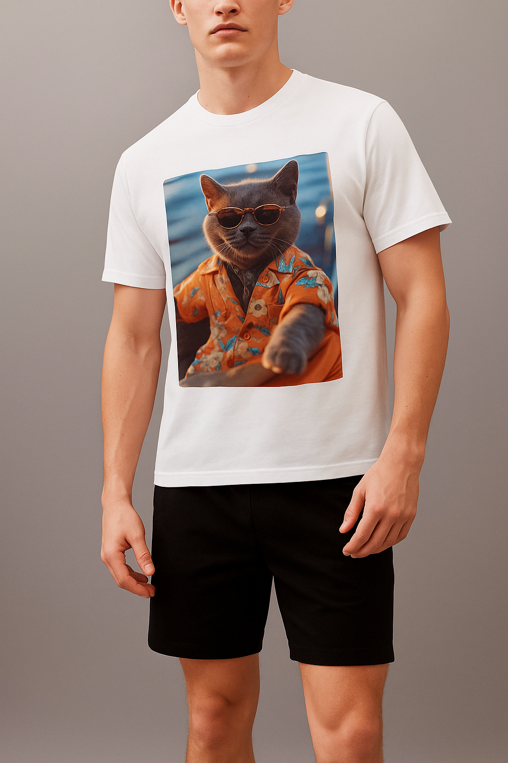 T-shirt Uomo con Stampa Gatto Divertente – 100% Cotone Estivo