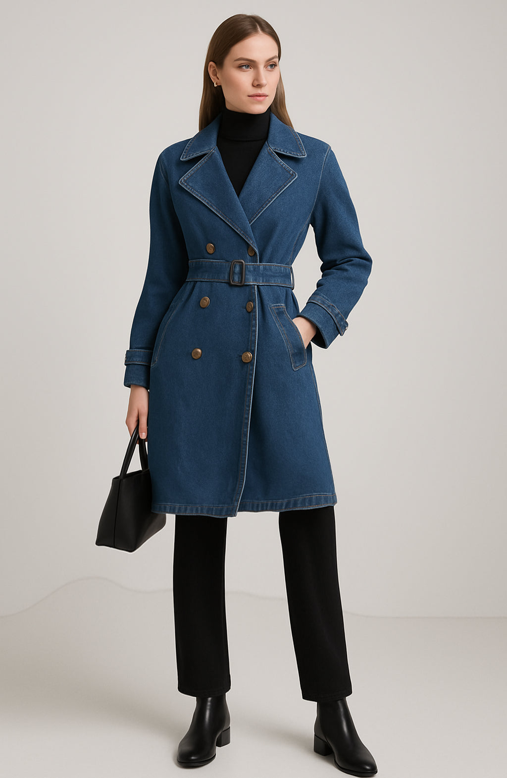 Trench in Denim da Donna con Cintura | Doppiopetto Elegante -1668