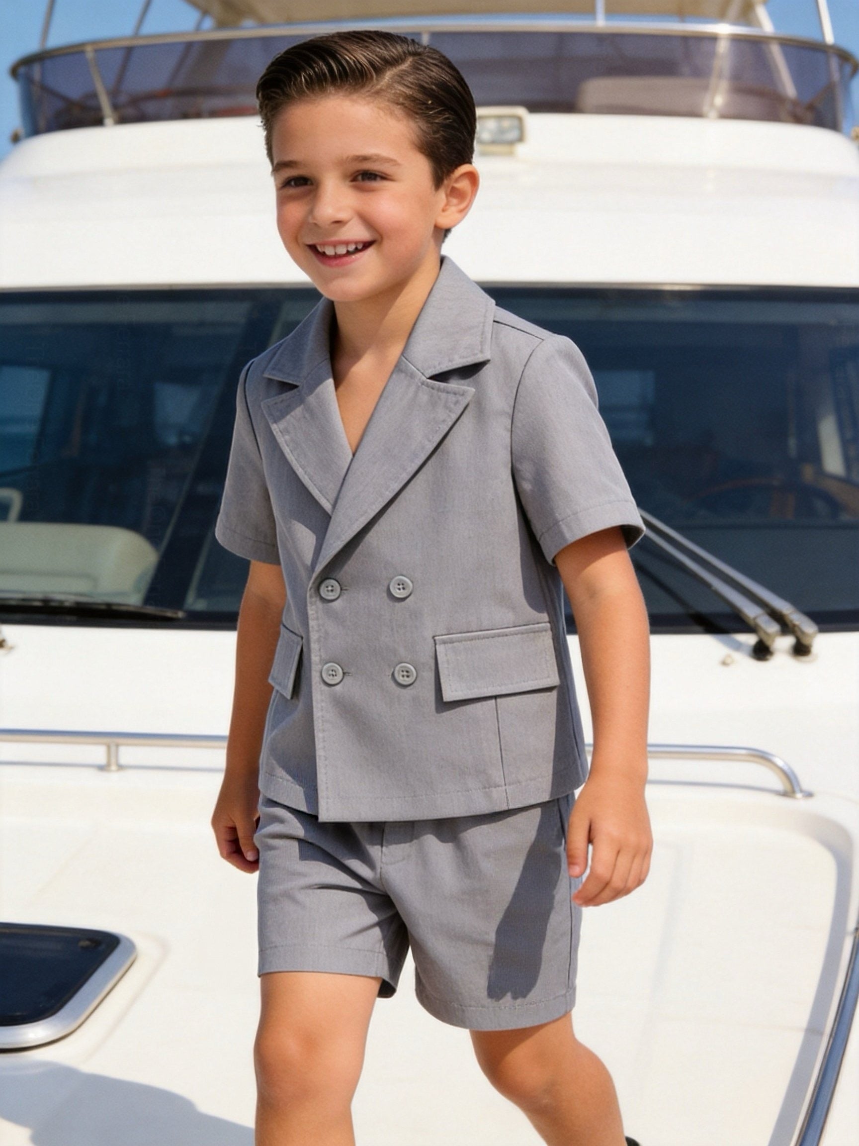 Completo Bambino Cerimonia 2 Pezzi con Giacca a Maniche Corte e Pantaloncini | 4-14 Anni Grigio