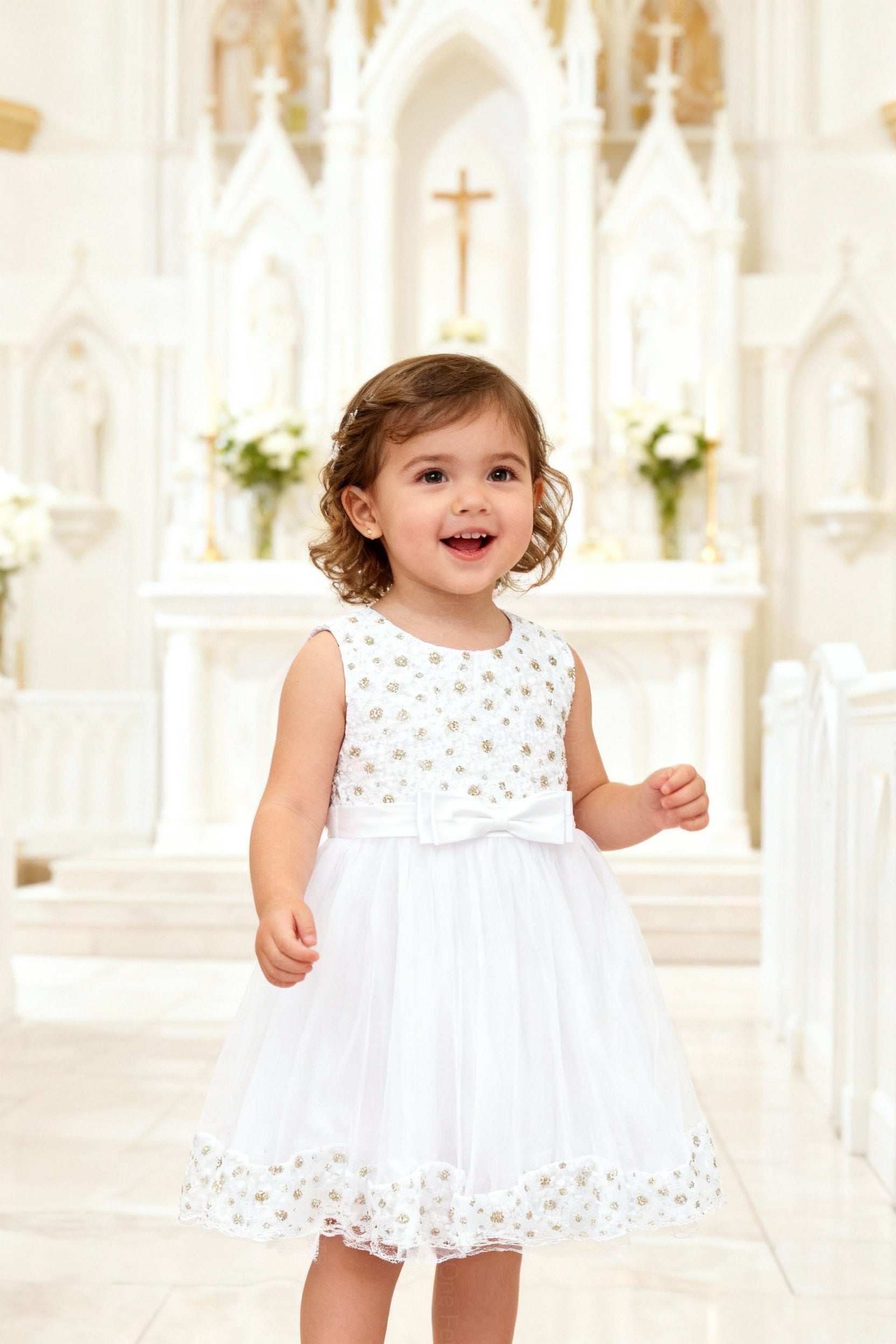 Abito da Cerimonia Bambina Bianco 2–12 Anni – Tulle Elegante con Fiocco | Battesimo, Matrimonio, Comunione 662