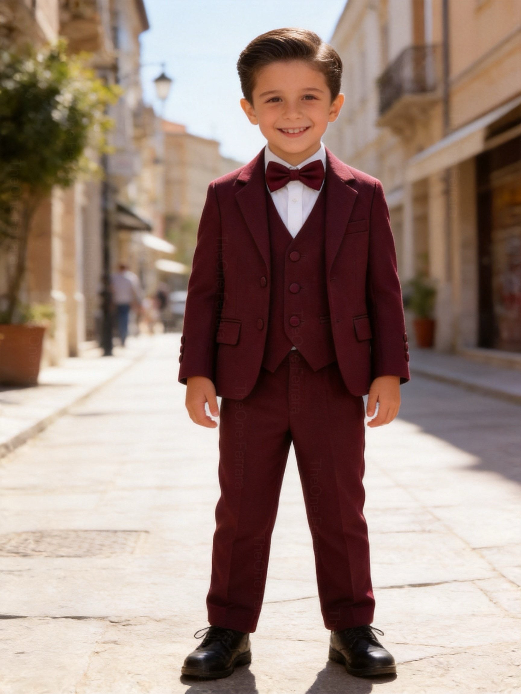 Completo Elegante Bambino Bordeaux 5 Pezzi con Giacca Gilet Pantaloni Camicia e Papillon