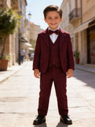 Completo Elegante Bambino Bordeaux 5 Pezzi con Giacca Gilet Pantaloni Camicia e Papillon