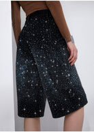Jeans Donna Bermuda con Strass – Shorts Denim Vita Alta Wide Leg Eleganti Estivi 5115