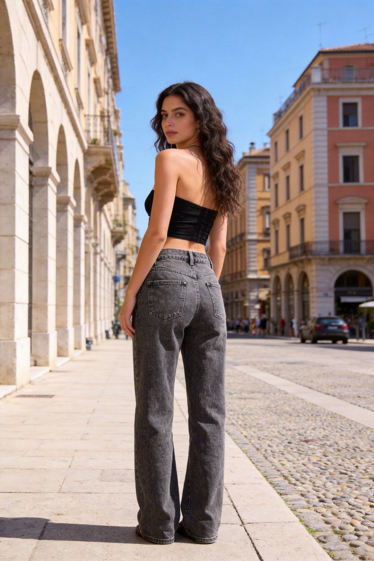 Jeans Donna Wide Leg Grigio Lavato a Vita Alta – Pantaloni Denim Larghi Casual Streetwear 703