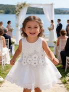Vestito Elegante Bambina Bianco con Fiori 3D e Tulle per Cerimonia