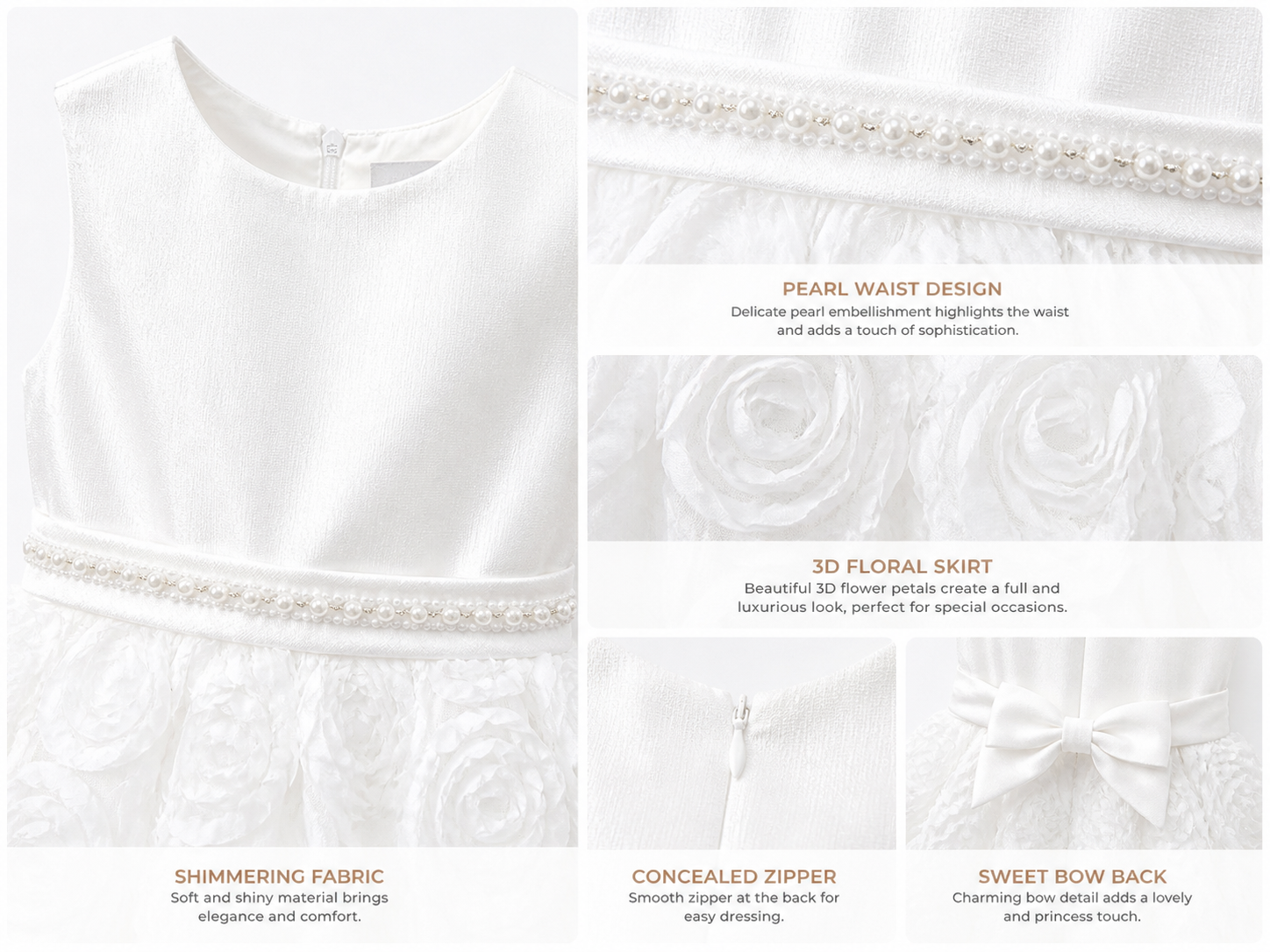Abito Elegante Bambina 2-12 Anni – Vestito Cerimonia con Gonna 3D Floreale per Matrimonio e Comunione