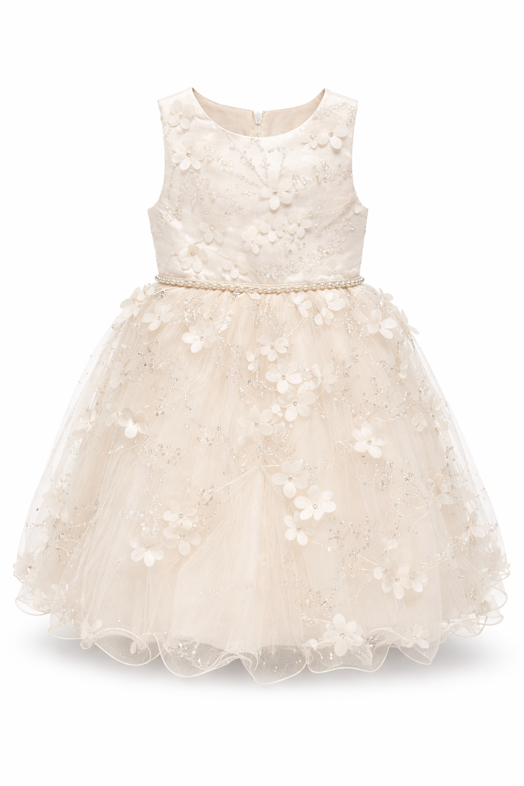 Abito da Cerimonia Bambina 2-12 Anni Elegante – Vestito con Fiori 3D e Gonna in Tulle per Matrimonio, Battesimo e Compleanno 716 Champagne 100% Poliestere