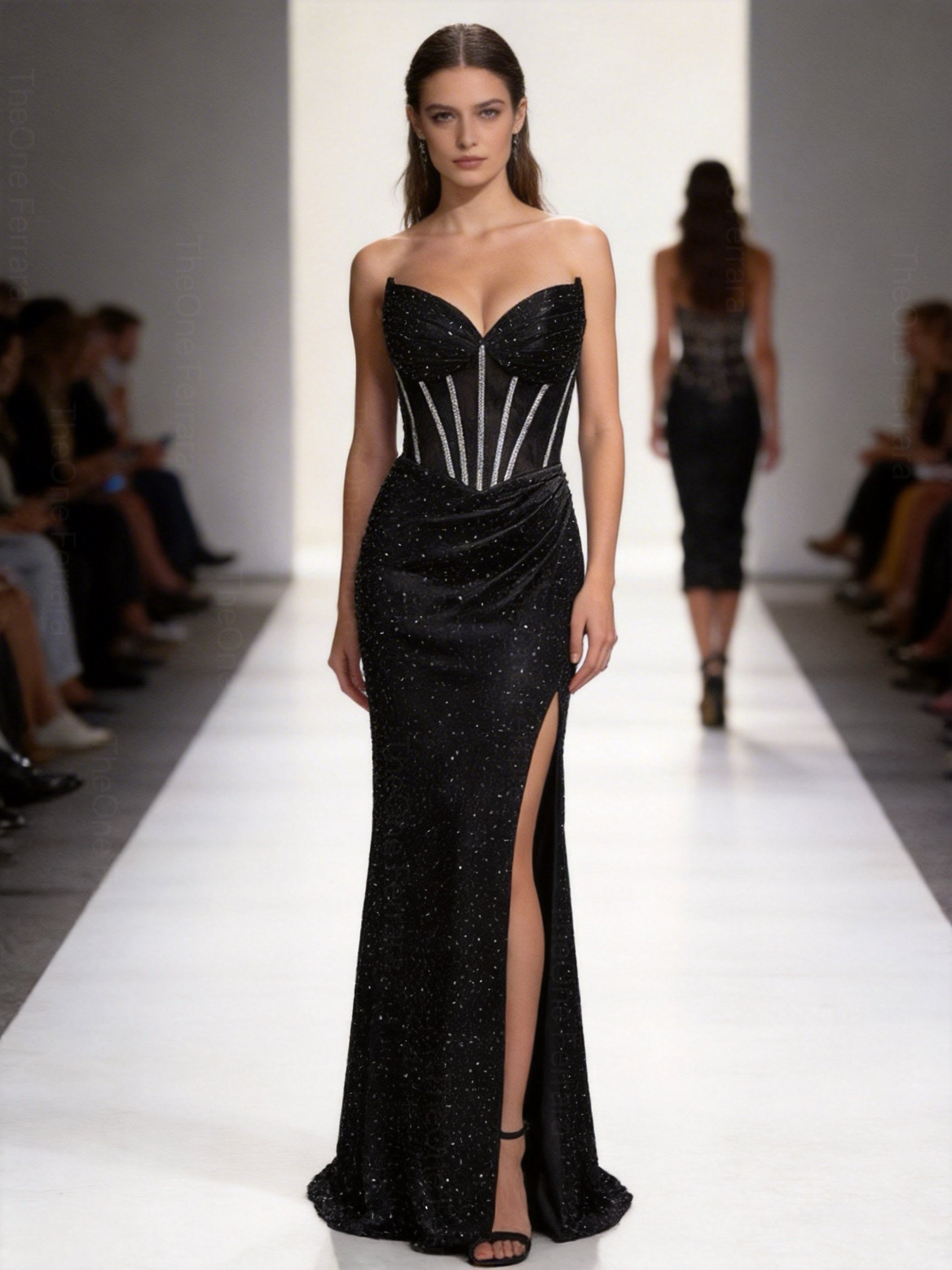 Abito da Sera Nero-viola con Corsetto e Spacco – Vestito Lungo Elegante Glitter 883039