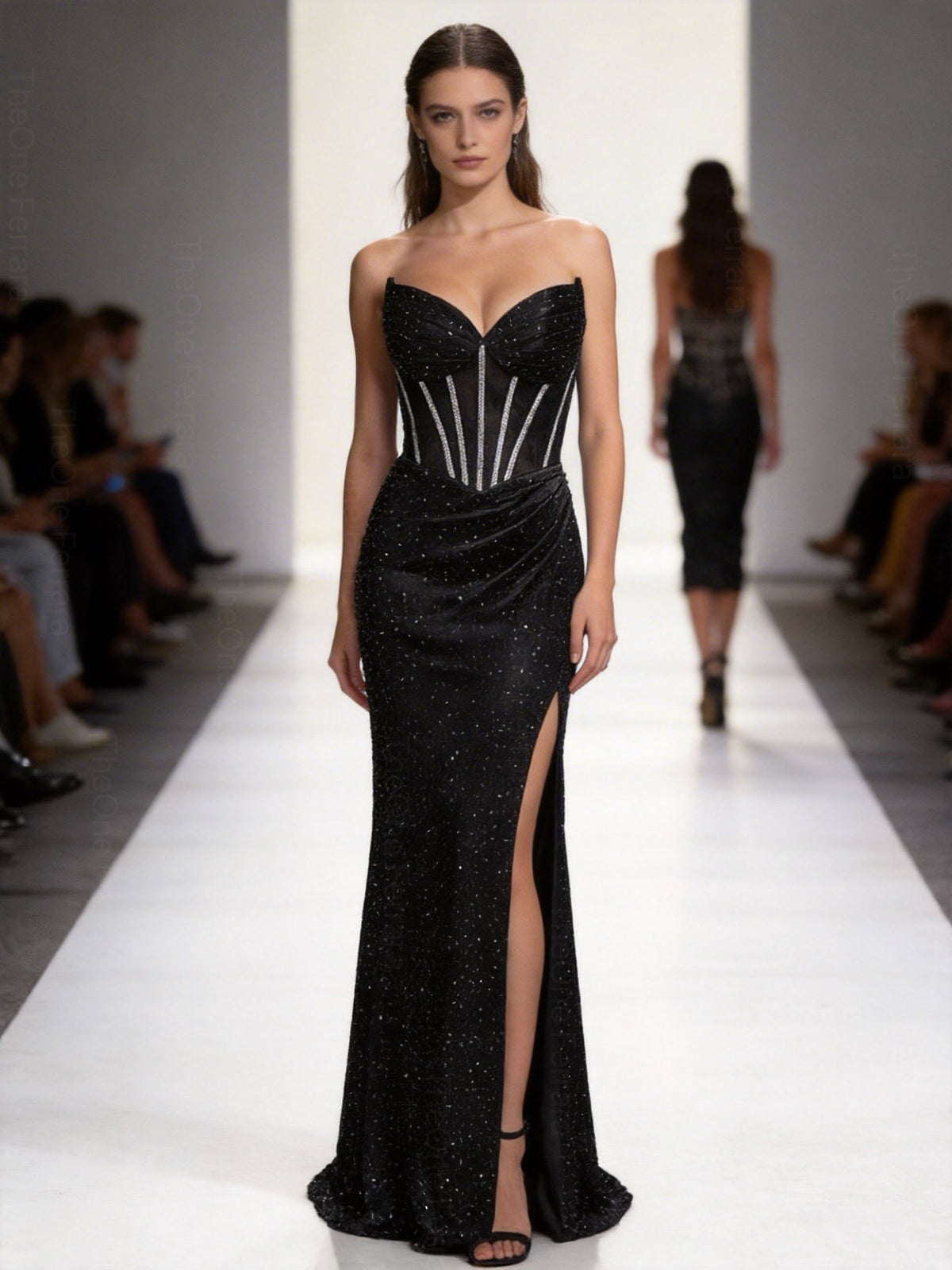 Abito da Sera Nero-viola con Corsetto e Spacco – Vestito Lungo Elegante Glitter 883039
