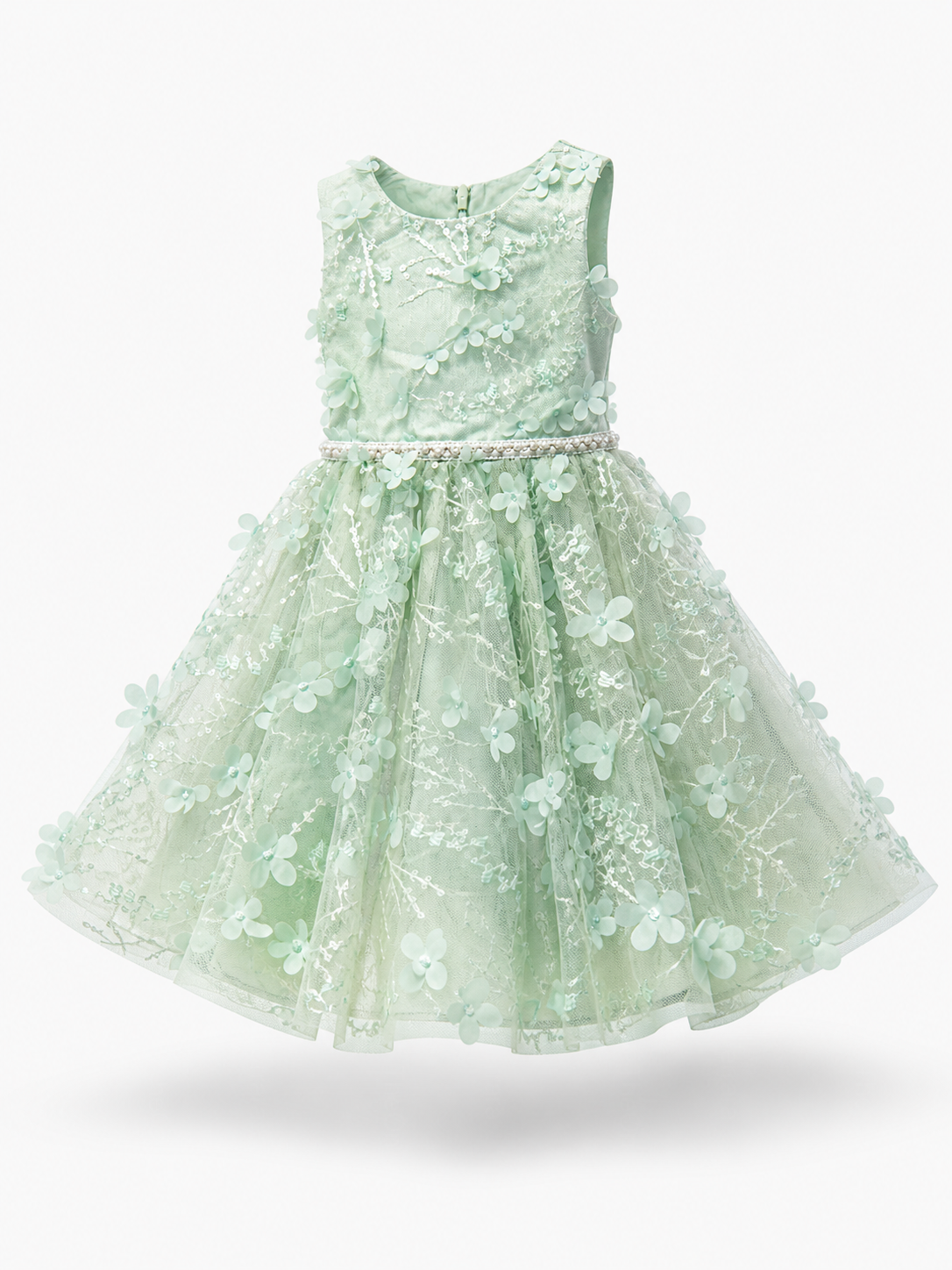 Abito da Cerimonia Bambina 2-12 Anni Elegante – Vestito con Fiori 3D e Gonna in Tulle per Matrimonio, Battesimo e Compleanno 716 verde salvia 100% Poliestere