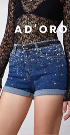 Shorts Jeans Donna con Strass – Pantaloncini Denim Vita Alta Estivi Casual 7816