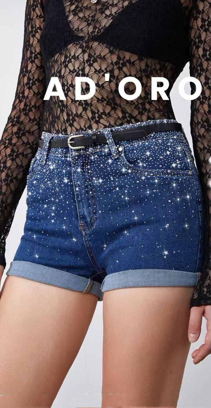 Shorts Jeans Donna con Strass – Pantaloncini Denim Vita Alta Estivi Casual 7816