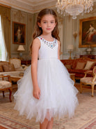 Abito Cerimonia Bambina Elegante in Tulle con Scollo Gioiello – 2-14 Anni – Rosa | Bianco | Bordeaux | Rosa Cipria – 2045 Bianco 2Anni