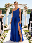 Abito Damigella Monospalla in Chiffon con Spacco Laterale Blu unico S