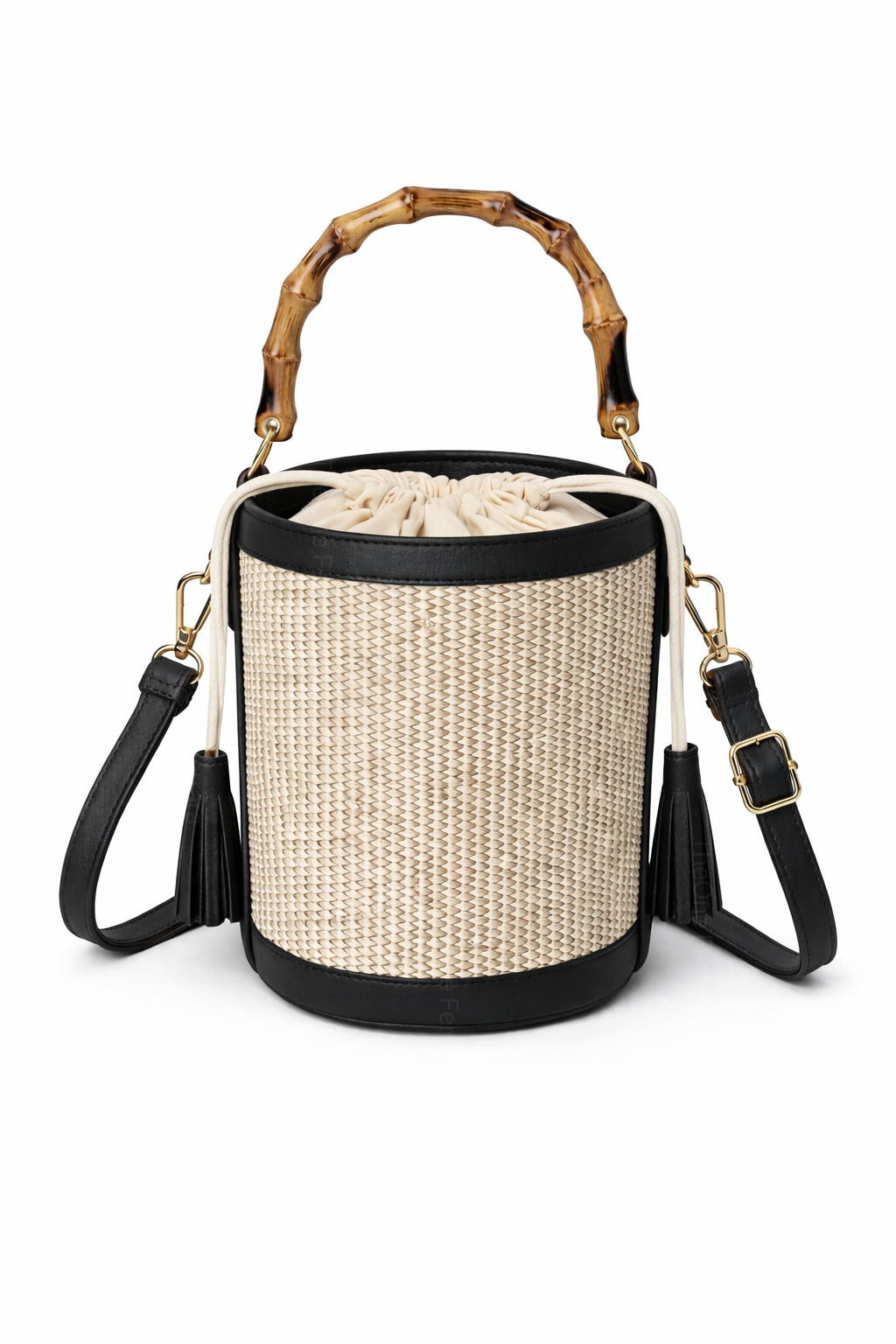 Borsa Secchiello Donna in Paglia con Manico Bamboo – Mini Borsa Estiva 18cm con Tracolla Nero 15X15X18cm