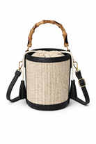 Borsa Secchiello Donna in Paglia con Manico Bamboo – Mini Borsa Estiva 18cm con Tracolla Nero 15X15X18cm