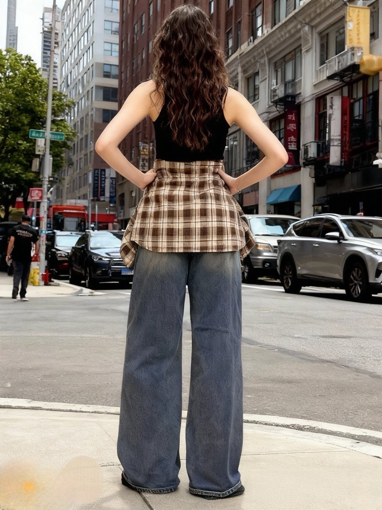Jeans a Gamba Larga con Fascia a Quadri Rimovibile — Look Layered 2-in-1-T947