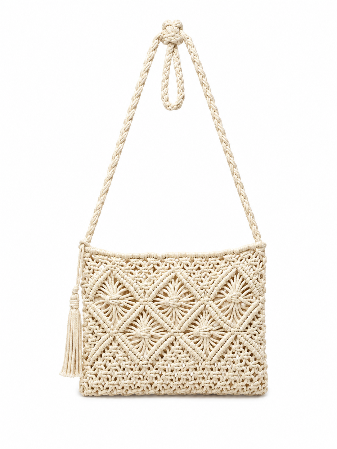 Borsa Macramè Donna Estate 2026 | Borsa Tracolla Intrecciata Boho Chic con Cerniera 202457 Beige Chiaro Dimensioni: 28 × 21 × 1 cm
