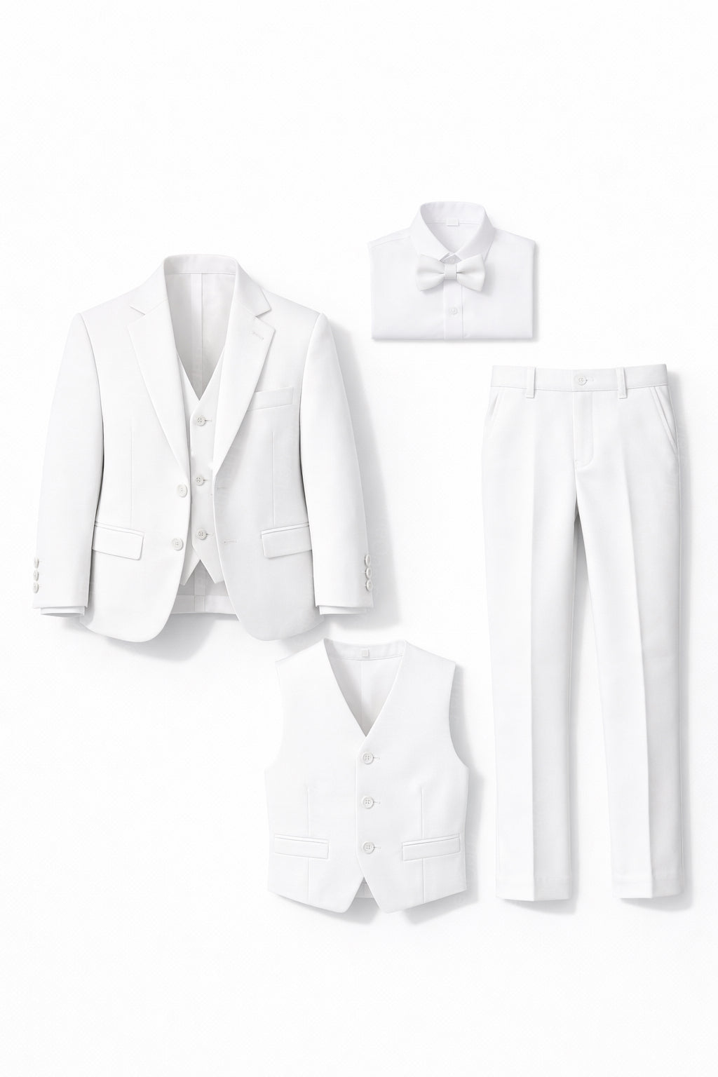 Completo Elegante Bambino Bianco 5 Pezzi Abito Cerimonia Matrimonio Comunione 1-14Anni Bianco Polyedter 90% 10%cotton