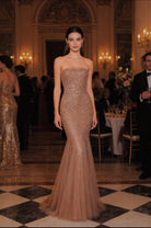 Abito da Sera Champagne con Paillettes – Vestito Lungo Sirena Elegante Senza Spalline 517039 Taupe