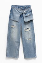 Jeans Donna Wide Leg con Vita Asimmetrica e Dettagli Cargo – Denim Destroyed Fashion 374