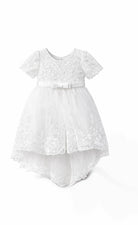 Abito da Cerimonia Bambina Bianco con Pizzo e Fiocco Rosa – Gonna Tulle a Coda di Sirena (6-36 Mesi)-TheOne 3658 Bianco