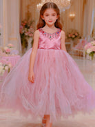 Abito Cerimonia Bambina Elegante in Tulle con Scollo Gioiello – 2-14 Anni – Rosa | Bianco | Bordeaux | Rosa Cipria – 2045 Oro rosato