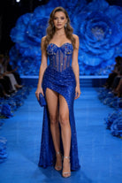 Abito Lungo da Gala con Corsetto Gioiello e Spacco Alto 512127 Blu M