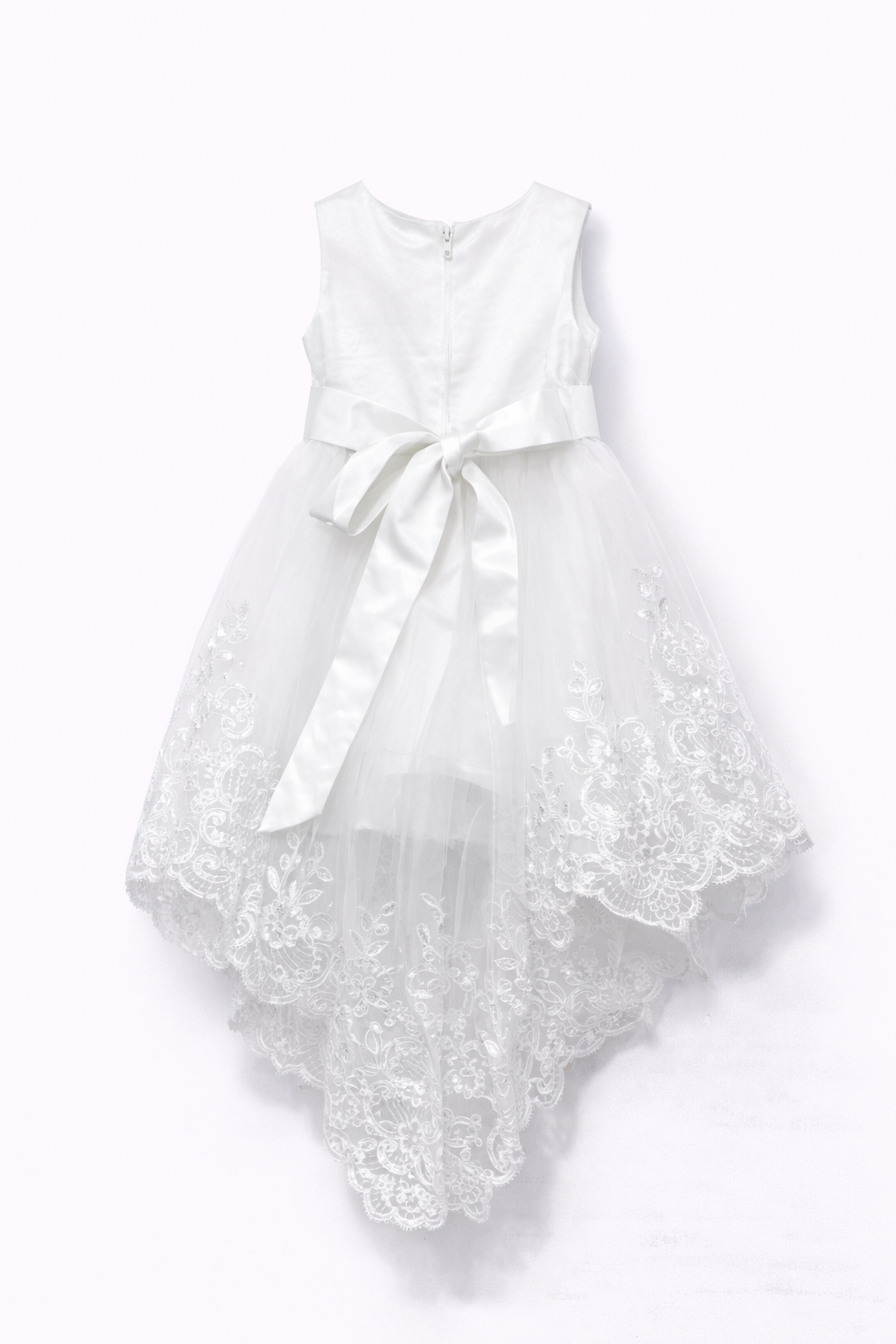 Abito da Cerimonia Bambina Bianco per Battesimo, Comunione e Matrimonio – Pizzo & Tulle, Fiocco, Orlo Asimmetrico (2-16Anni) 9691-TheOne Ferrara