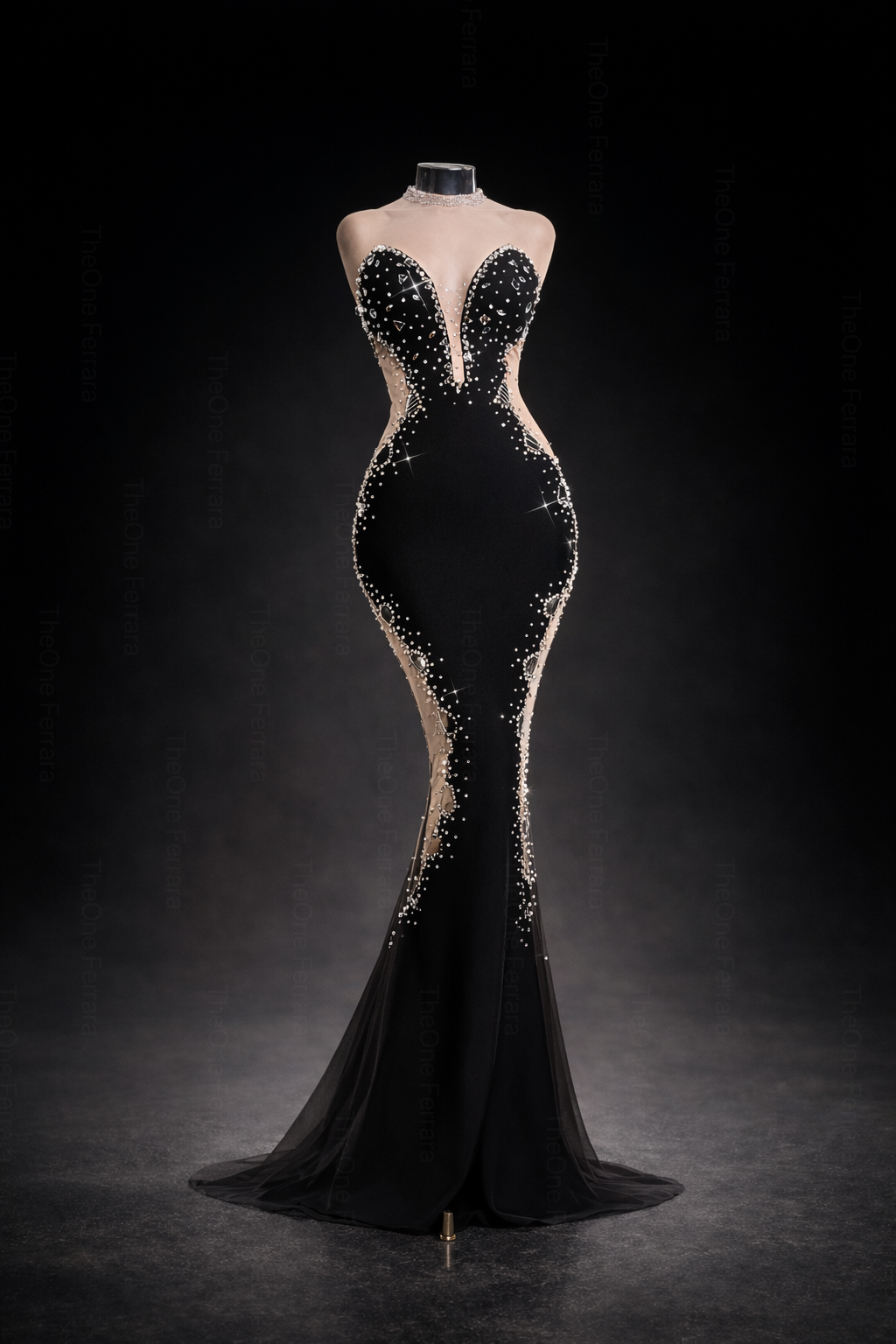 Abito da Sera Nero Sirena con Cristalli – Vestito Elegante Lusso da Gala 618001