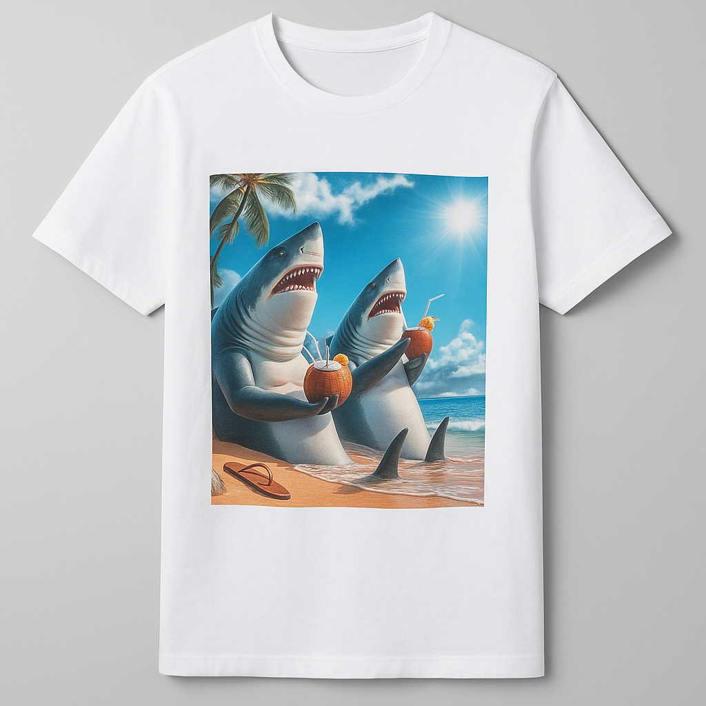 Maglietta Uomo con Squali Divertenti | T-shirt Estiva 2025 White 100%cotton