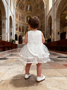 Abito da Battesimo Neonata Bianco 6–36 Mesi – Tulle a Strati con Bordo Satinato e Fiocco | Cerimonia Chiesa 21038