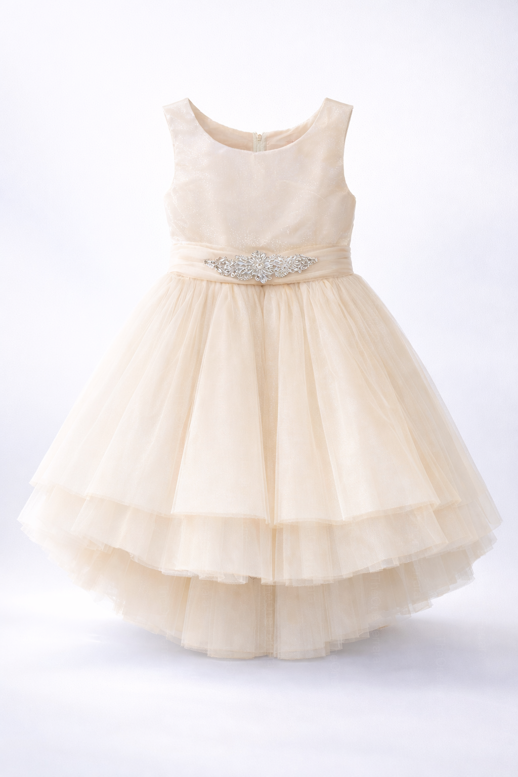 Abito da Cerimonia Bambina Elegante 4-14 Anni – Vestito Damigella in Tulle Multistrato con Cintura Gioiello (Bianco, Champagne, Azzurro) 82535 Champagne