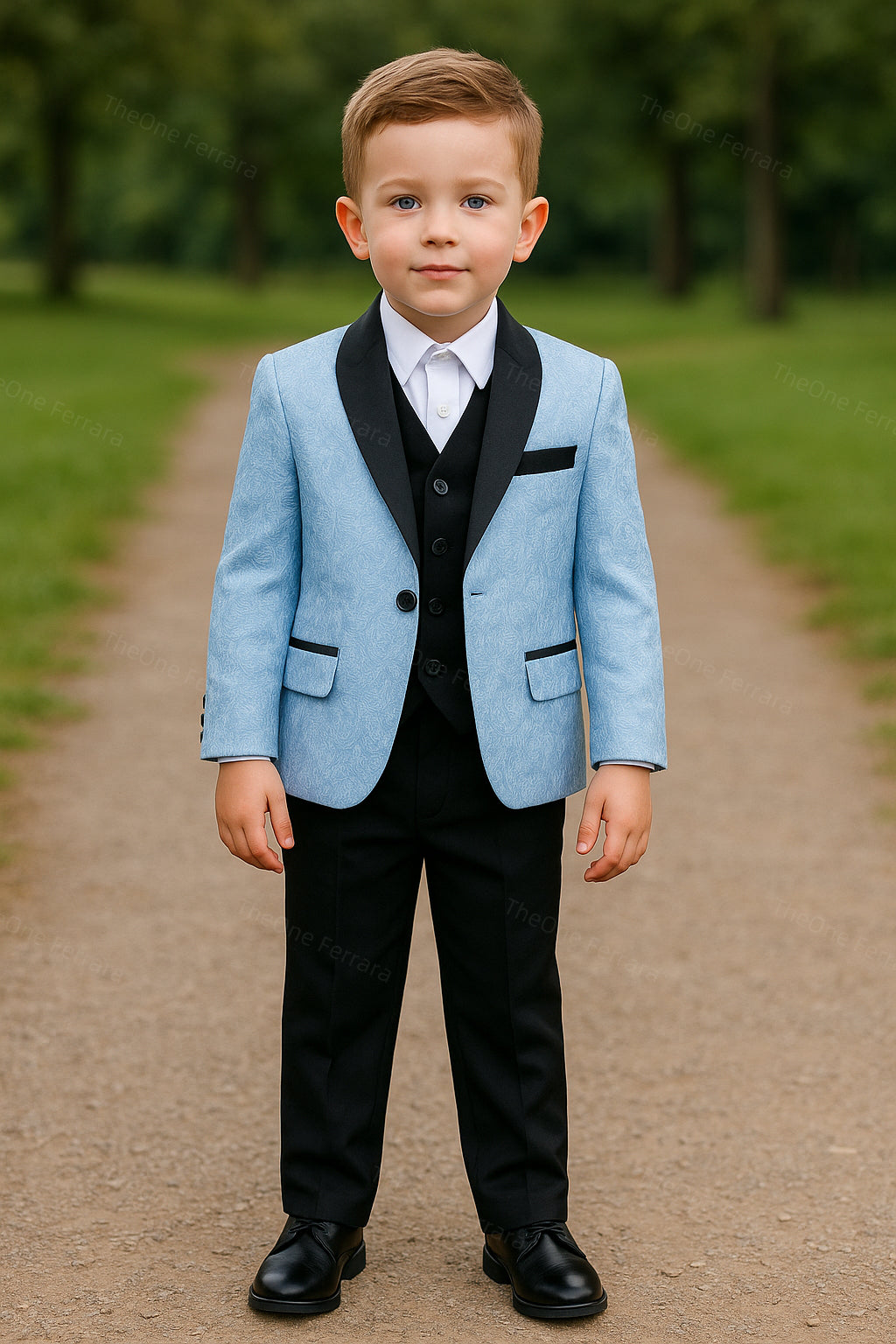 Completo Cerimonia Bambino 5 Pezzi – Abito Elegante Blu Jacquard con Gilet, Camicia, Pantaloni e Papillon Matrimonio & Eventi Speciali 1-16Anni A75 TheOne