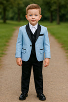 Completo Cerimonia Bambino 5 Pezzi – Abito Elegante Blu Jacquard con Gilet, Camicia, Pantaloni e Papillon Matrimonio & Eventi Speciali 1-16Anni A75 TheOne