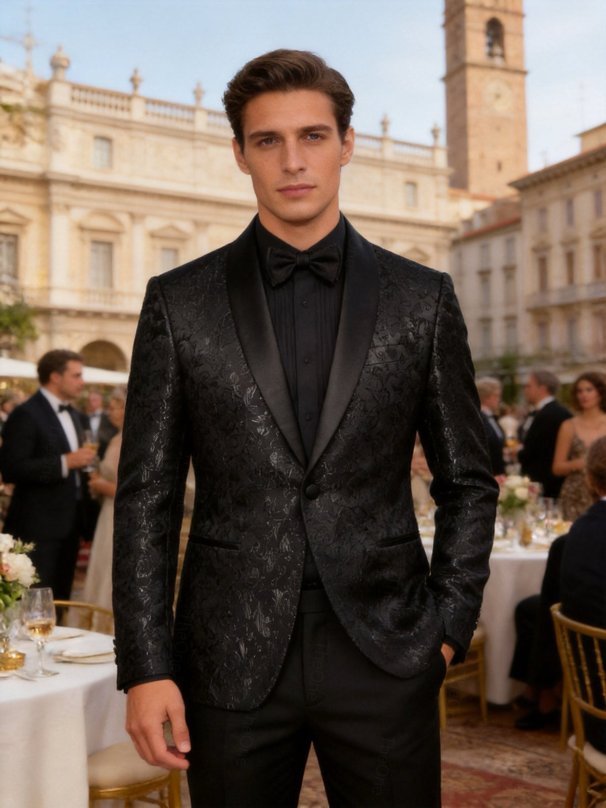 Abito Uomo Cerimonia Slim Fit Blu Jacquard Elegante Smoking Fantasia 2pz