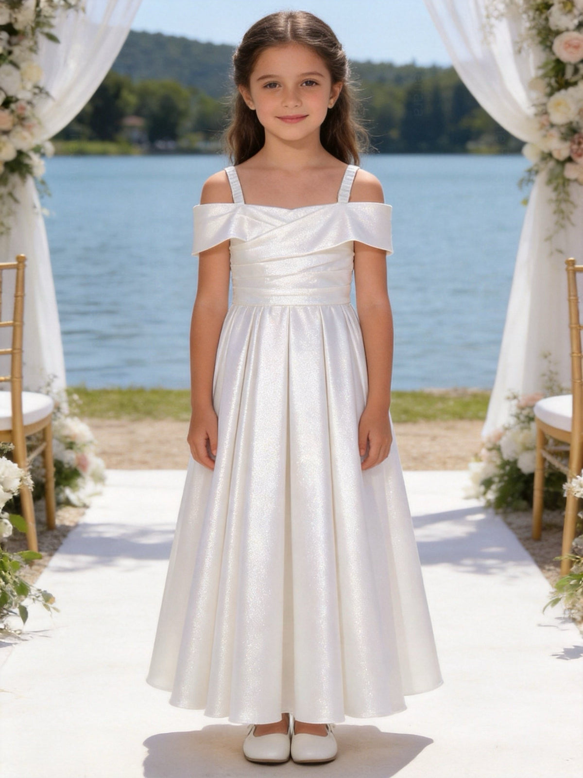 Vestito Ragazza Elegante Off Shoulder Effetto Taffetà Principessa