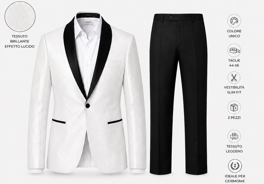 Abito Uomo Cerimonia Bianco Brillantinato Slim Fit con Rever in Raso 2 Pezzi