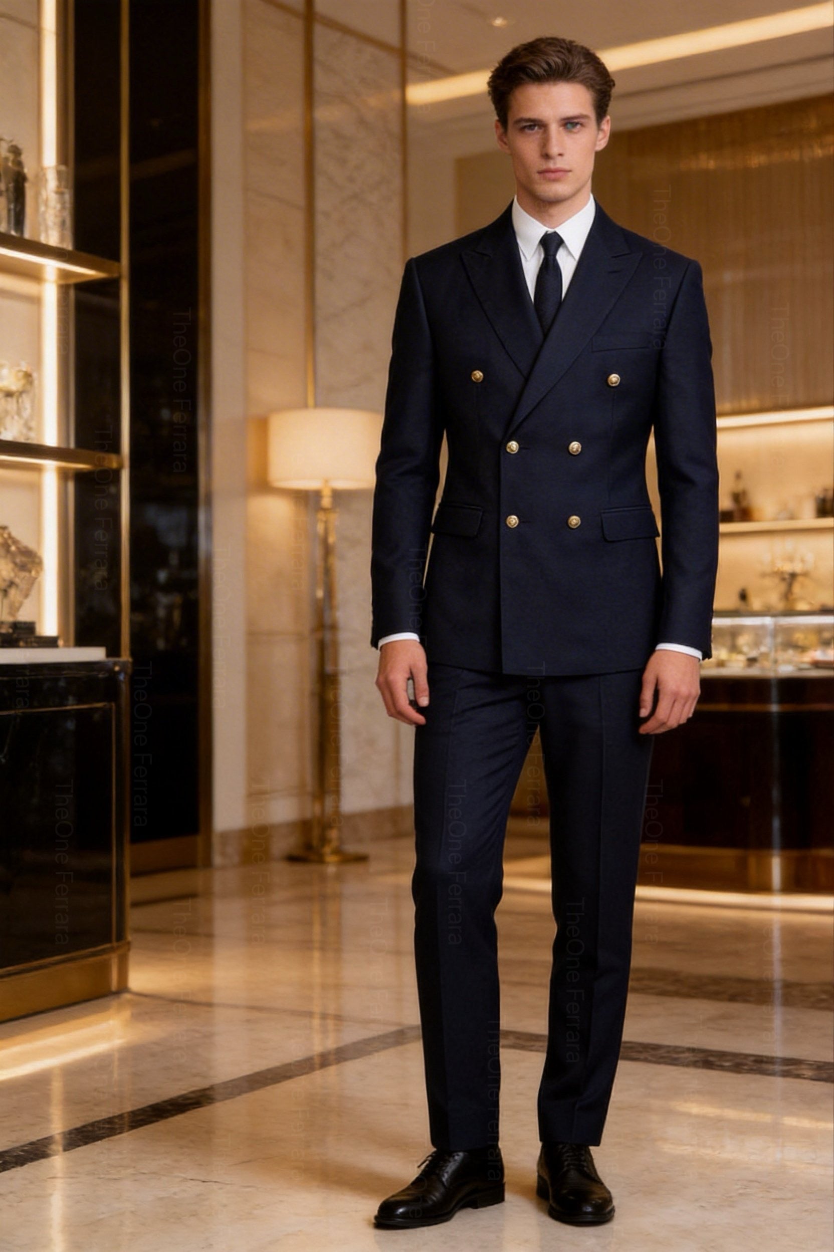 Abito Uomo Doppiopetto Blu Navy 2 Pezzi (Giacca + Pantaloni) con Bottoni Dorati | Cerimonia Business | Taglie 44–60 | ZLS10018