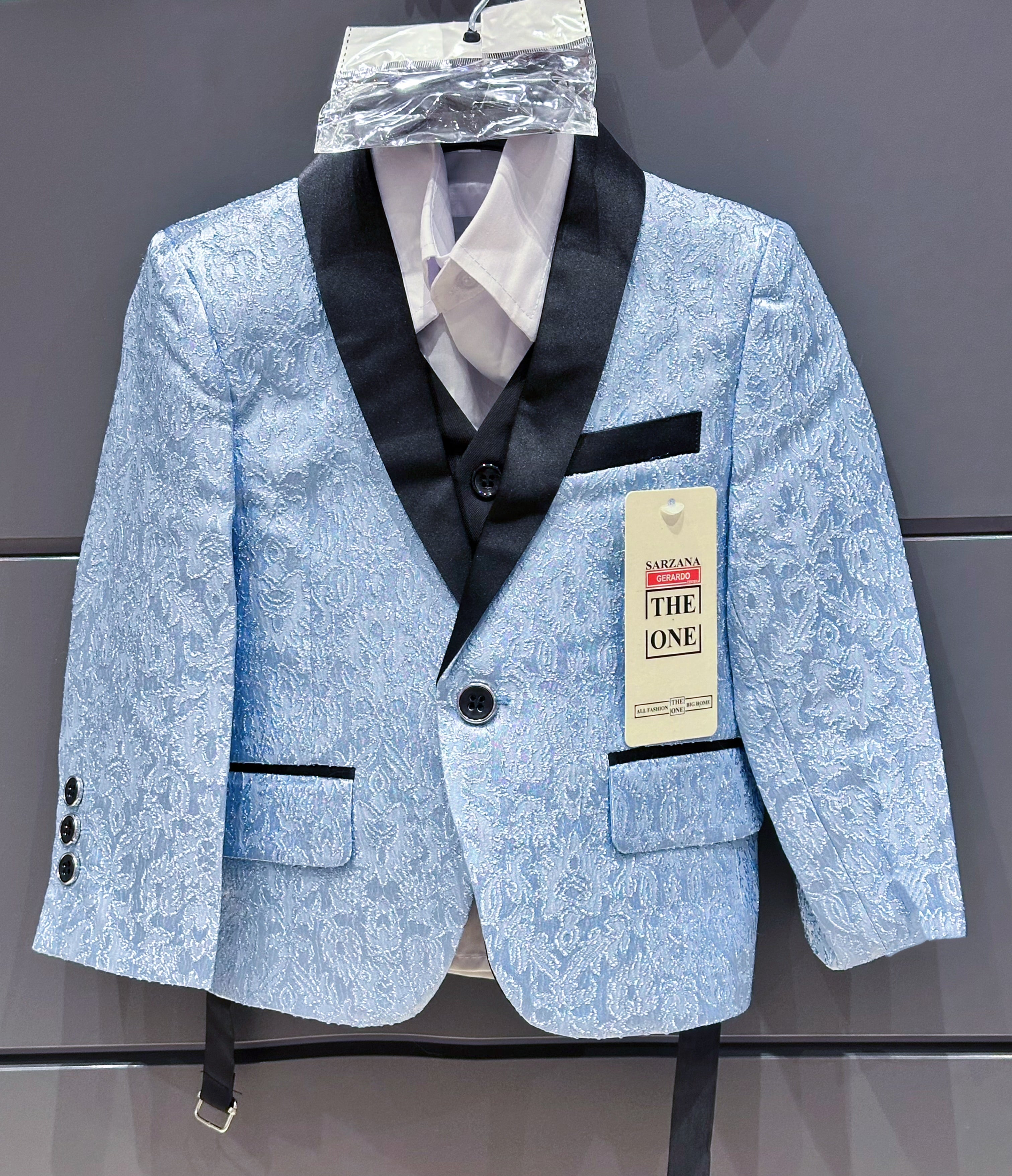 Completo Cerimonia Bambino 5 Pezzi – Abito Elegante Blu Jacquard con Gilet, Camicia, Pantaloni e Papillon Matrimonio & Eventi Speciali 1-16Anni A75 TheOne